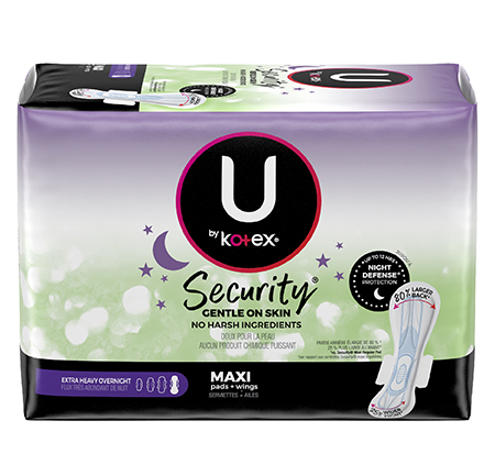 HSA Eligible  U by Kotex Security Maxi Pad with Wings, Overnight,  Unscented, 14 Count